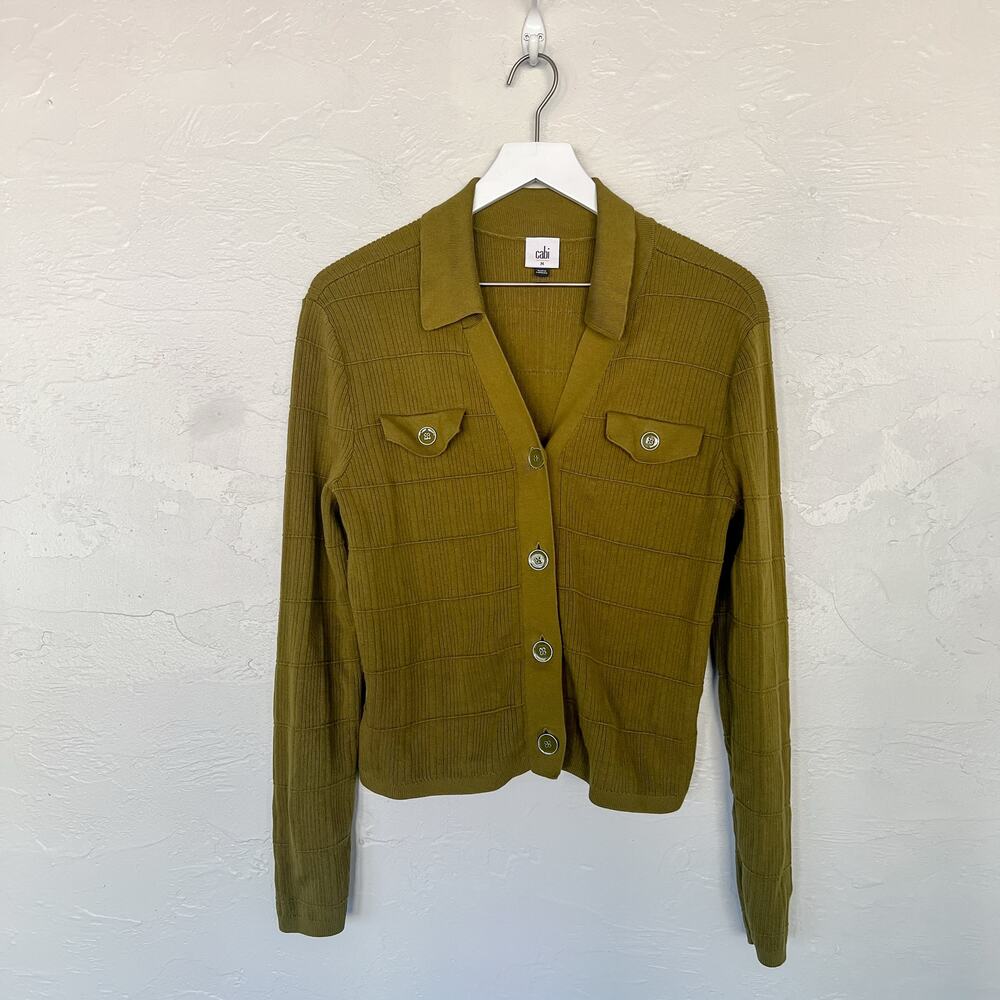 Cabi Exec Cardigan 4470 Avocado Green Cotton Cropped Collared Sweater Jacket M